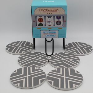 Absorbent Drink Ceramic Coasters & Holder Set of 6 w/Cork Back Grey White Stripe